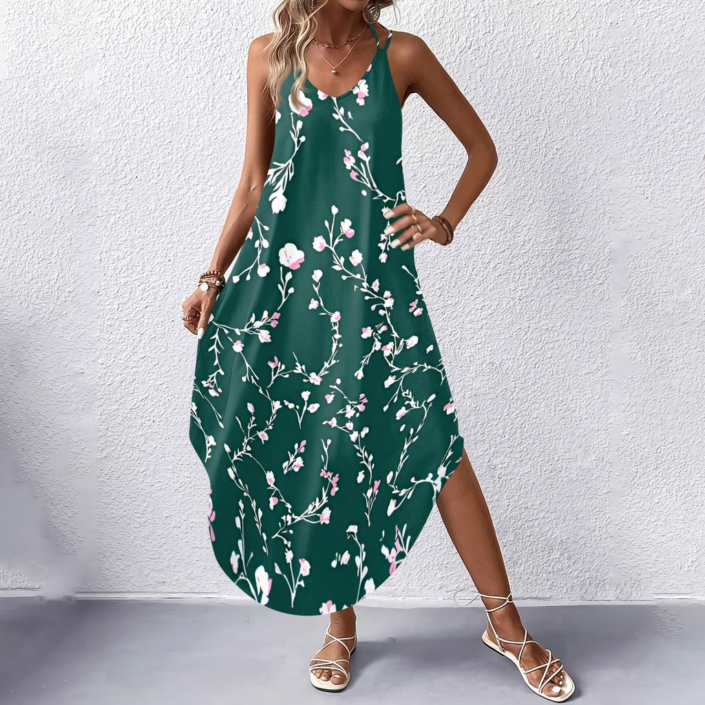 Women V Neck Floral Print Sleeveless Maxi Dress with Pockets Loose Fit Summer Beach Long Dress for Casual Wear