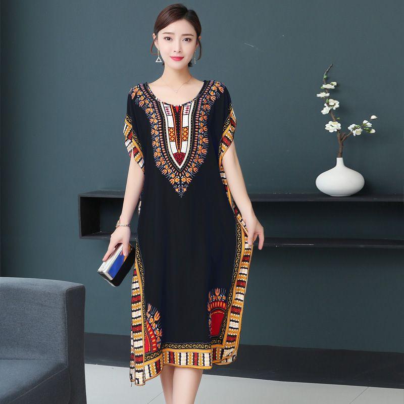 Summer Dress Mid-length Bat Sleeve Loose Large Size Beach Dress Mother Skirt Female