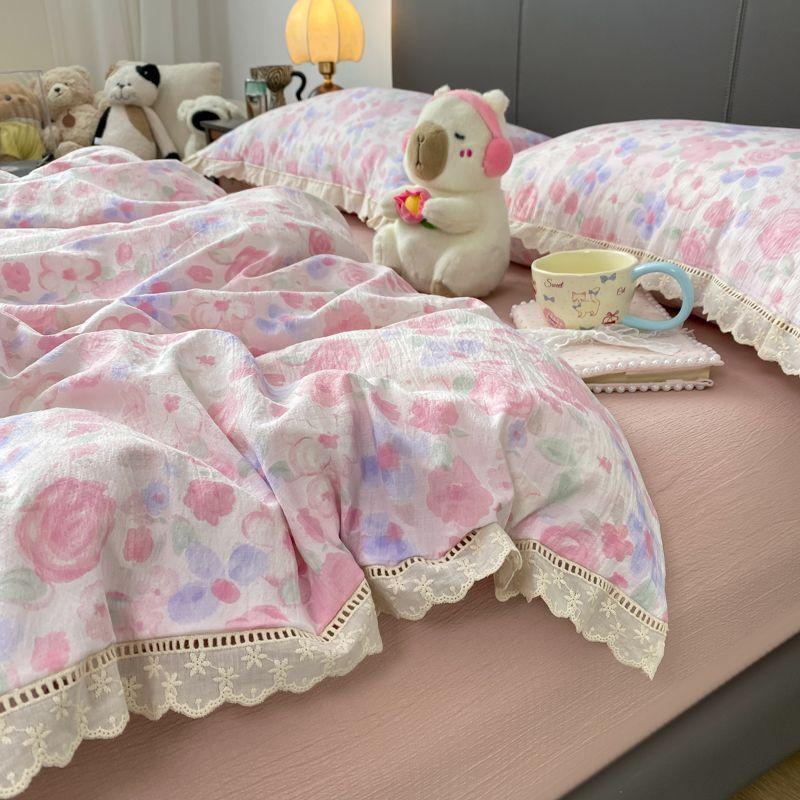 

Кружевная отделка из французского кружева INS, бантик, двухслойный марлевый пододеяльник, набор из четырех предметов, простая простыня, простыня на резинке, общежитие, набор из трех предметов Quilt Cover 150x200