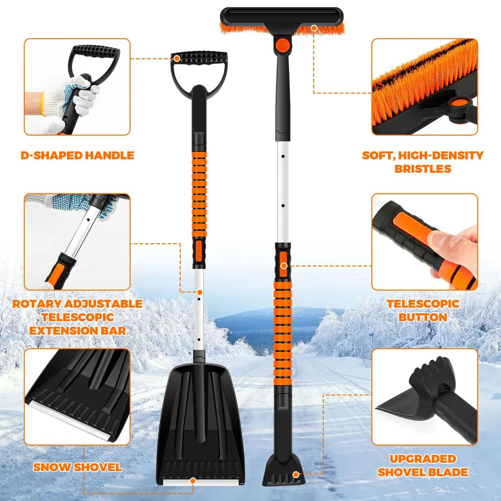 5 In 1 Retractable Snow Brush and Ice Scraper for Car Windshield Snow Shovel with 180° Pivoting Brush Head Car Snow Cleaning