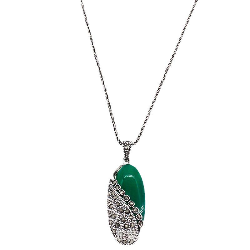 Jade Angel S925 Sterling Silver Chalcedony Cat's Eye Ethnic Retro Pendant Necklace