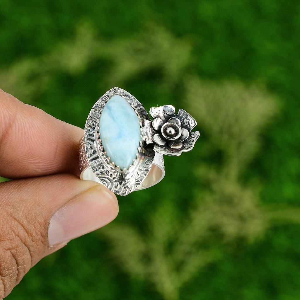 Natural Larimar Gemstone Promise Flower Ring Size 7 925 Silver For Girls