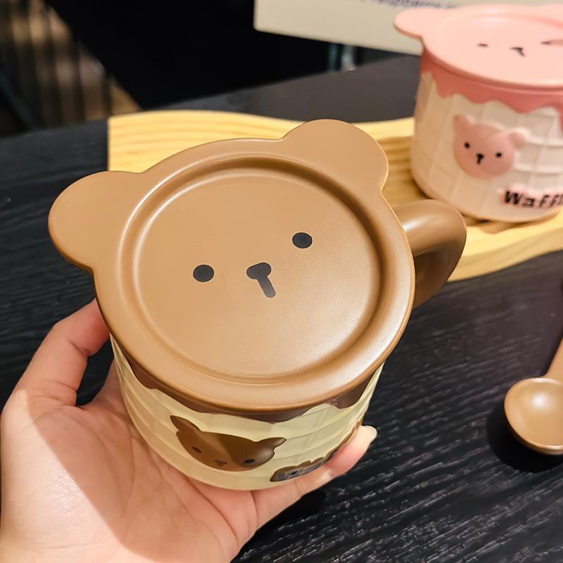 Niedlicher Cartoon Bär Waffel Keramikbecher mit Deckel Löffel Hochwertig Aussehende Büro Kaffeetasse Souvenir
