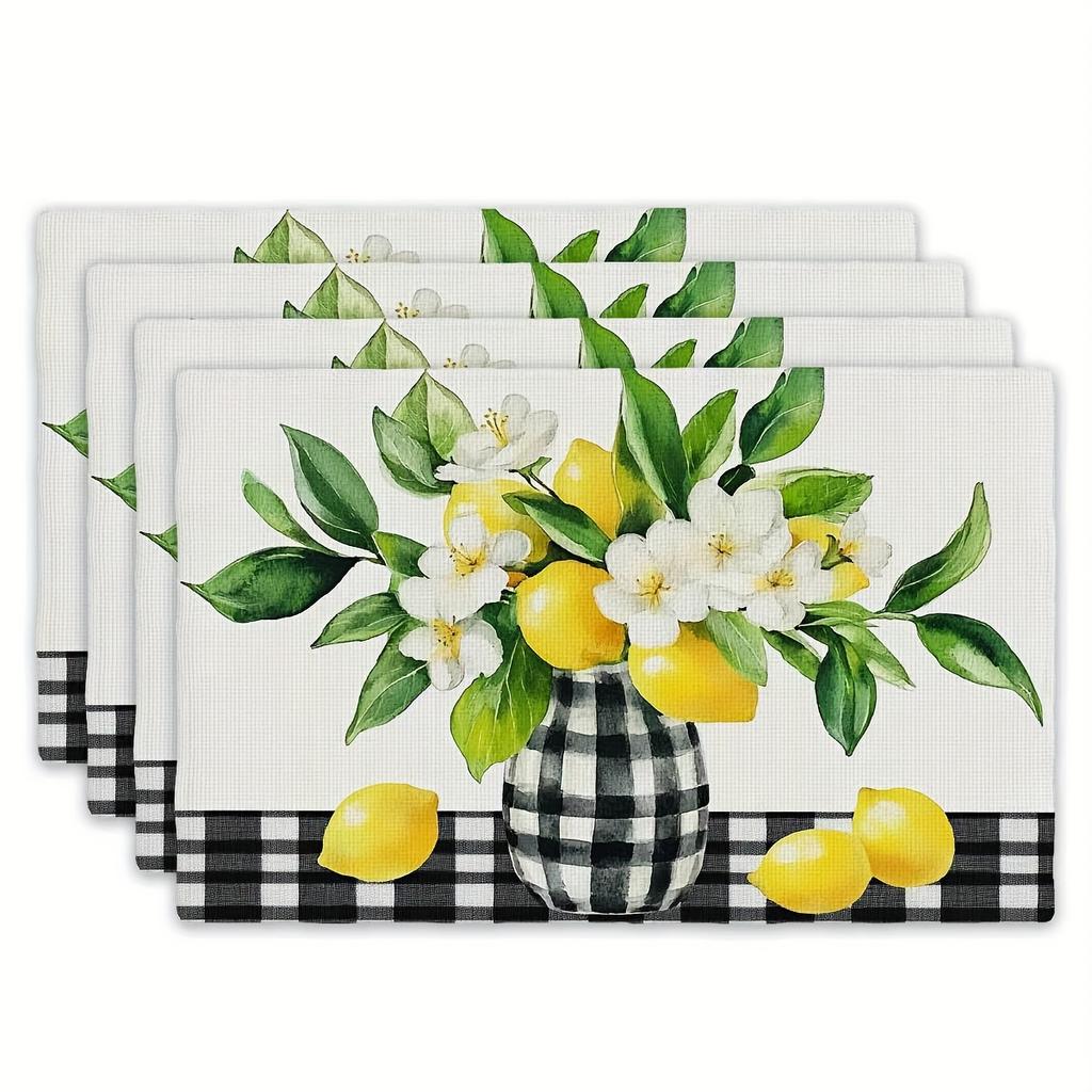 4/6/8Pc Vintage Vase Lemon Floral Ornate Border Linen Placemats Heat Resistant Table Mats For Dining Kitchen Table Decor