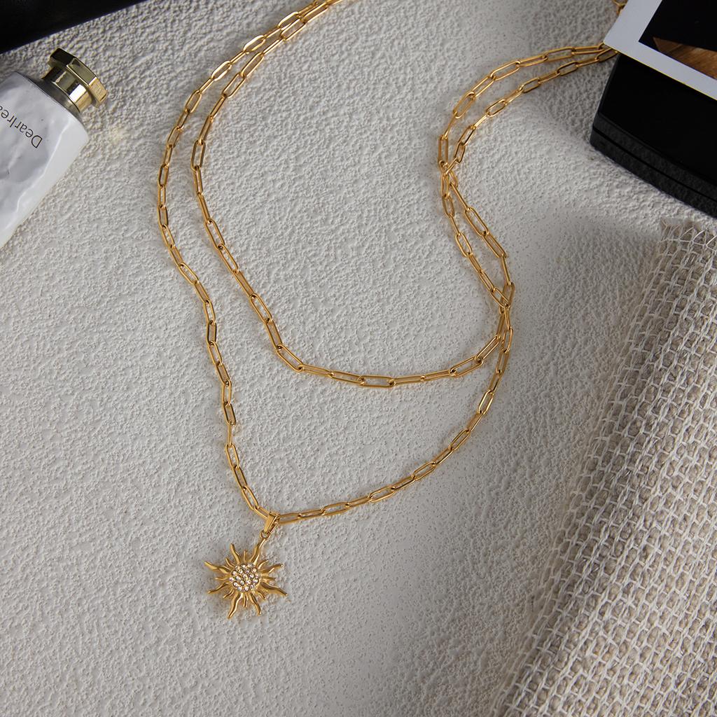Youthway Double - Layer Necklace With White Rhinestone Sun Pendant Stainless Steel With  Gold Color Women'S Summer Necklace