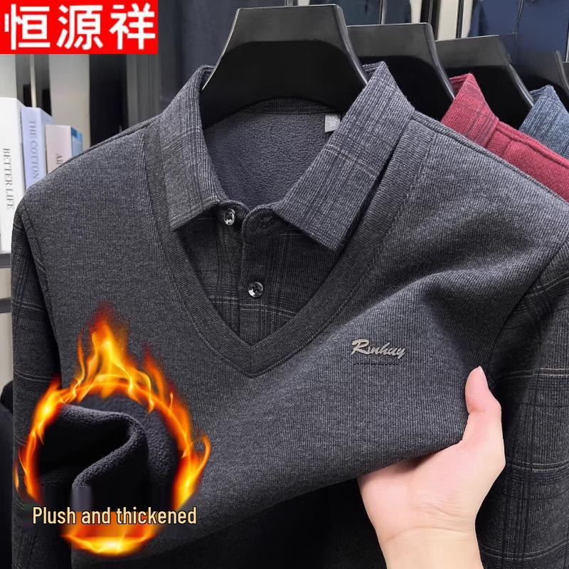 Hengyuanxiang Men's Faux Two-Piece Fleece-Lined Polo Shirt