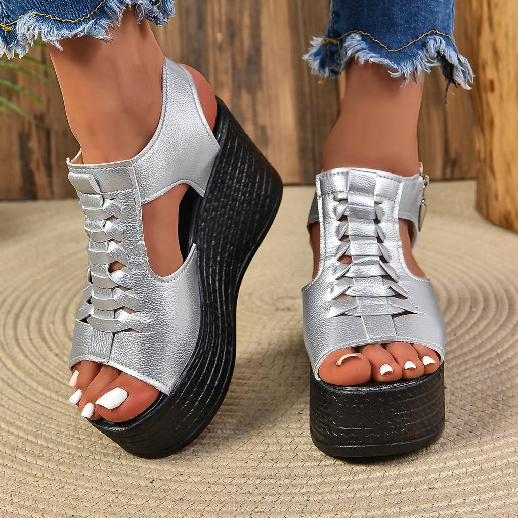 Fashion Aphixta Silver Peep Toe Wedge Heel Sandals Zipper Design Platform Sandals Women Casual Mesh Upper Breathable Shoes Plus Size 43