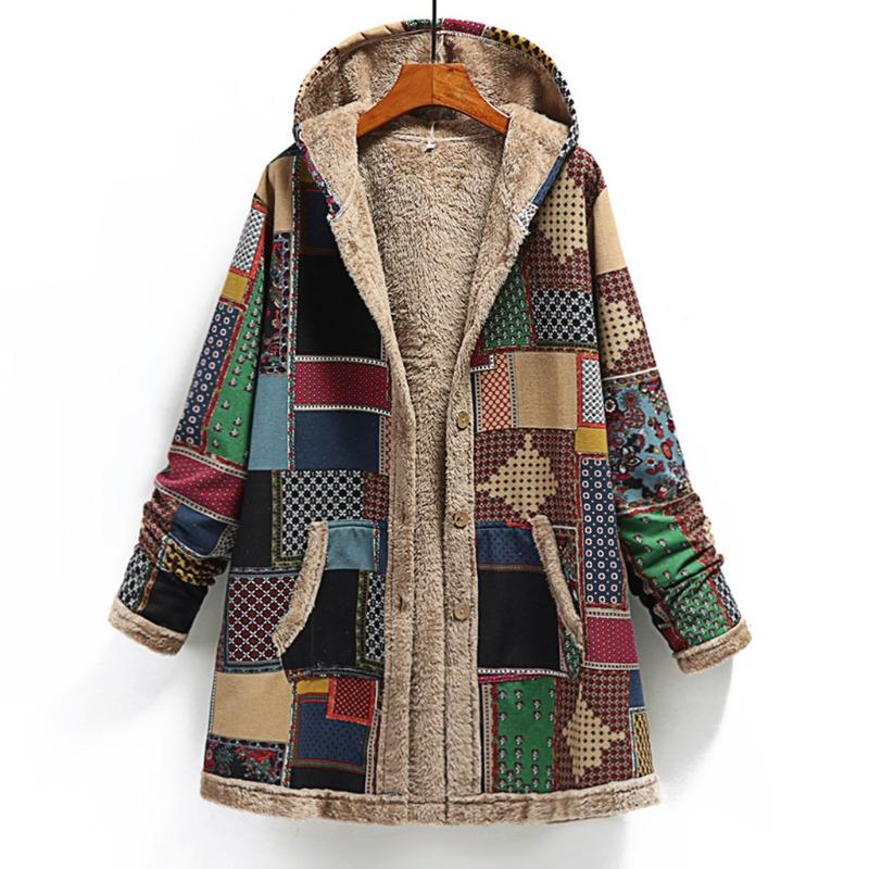 Ladies Commuter Coat Cotton Double-sided Loose Top Winter Warm Fashion Ethnic Style Printed Hooded Coat