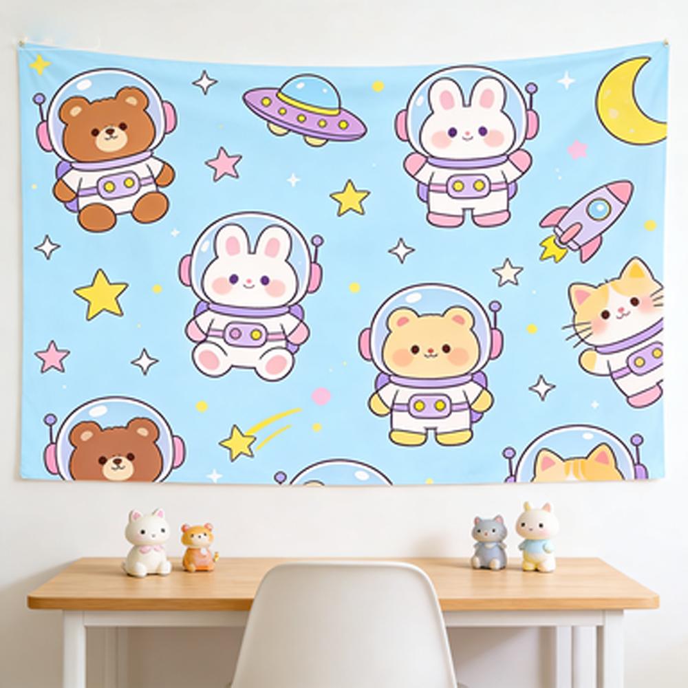 Kawaii Astronaut Bear Bunny Cat Tapestry Cute Space Galaxy Wall Hanging Aesthetic Room Decor for Girls Boys