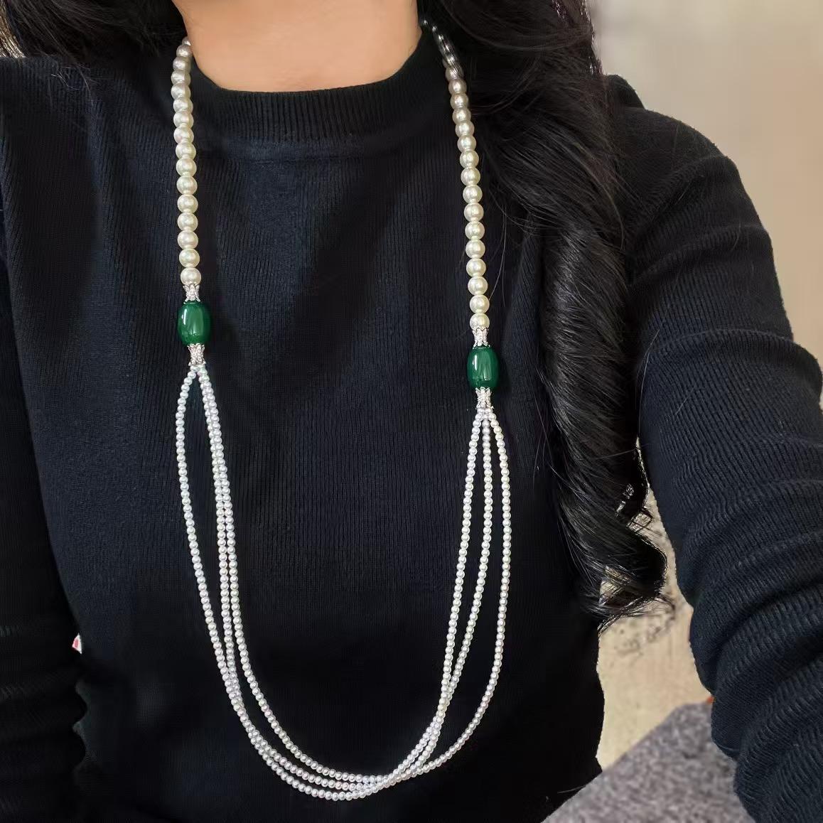 Vintage High-Quality High-Gloss Faux Crystal Pearl Sweater Chain Chalcedony Agate Necklace