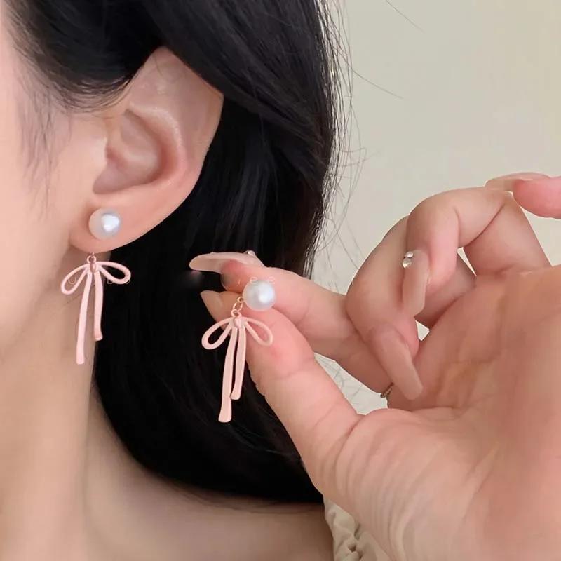Elegant Pink Bow Pendant Earrings for Women Temperament  Cute Pearl Stud Earrings Luxury Wedding Party Jewelry