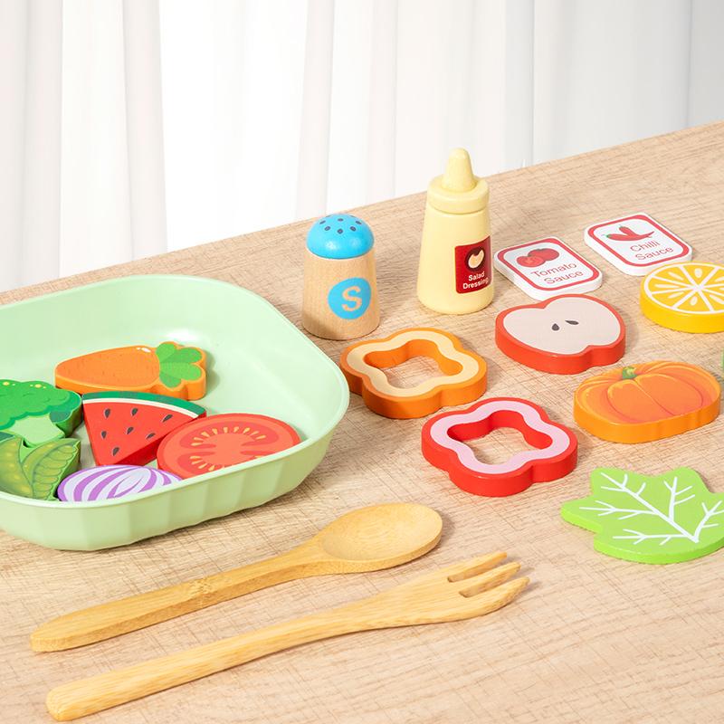 Wooden Kitchen Pretend Play Toy Simulation Wood Food Vegetable Salad Early Learning Chef Simulation Cooking Educational Toys
