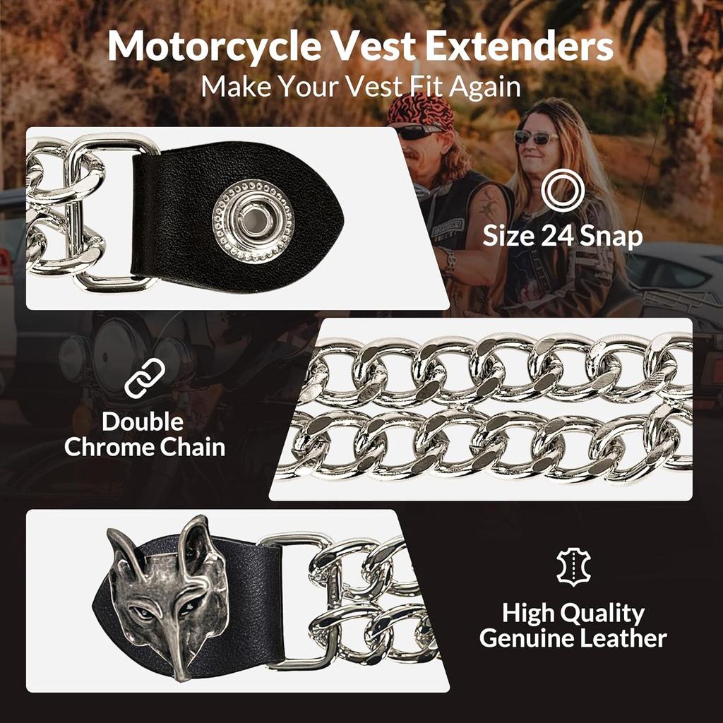 Motorcycle Vest Extenders For Men & Women - 4 PCS Leather Vest Extensions For Biker - Durable Double Chrome Cha