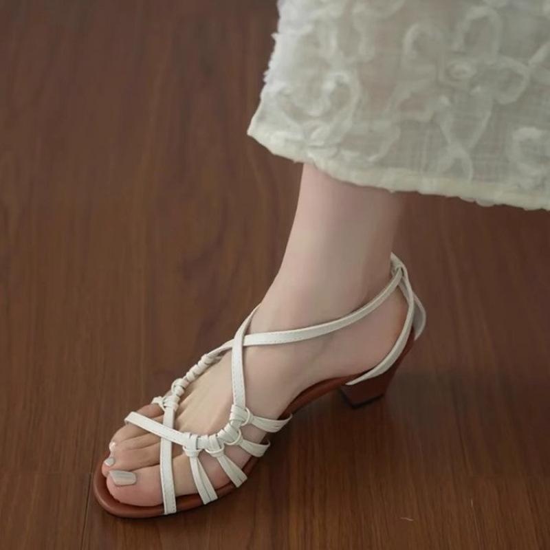 Sheepskin version~ Hand-woven hollowed-out vacation style high-heeled Roman shoes women's summer open-toed temperament with skirt sandals