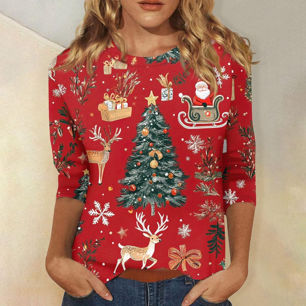 Women's Fashionable Casual Three Quarter Sleeve Christmas Printed Collar Pullover Top