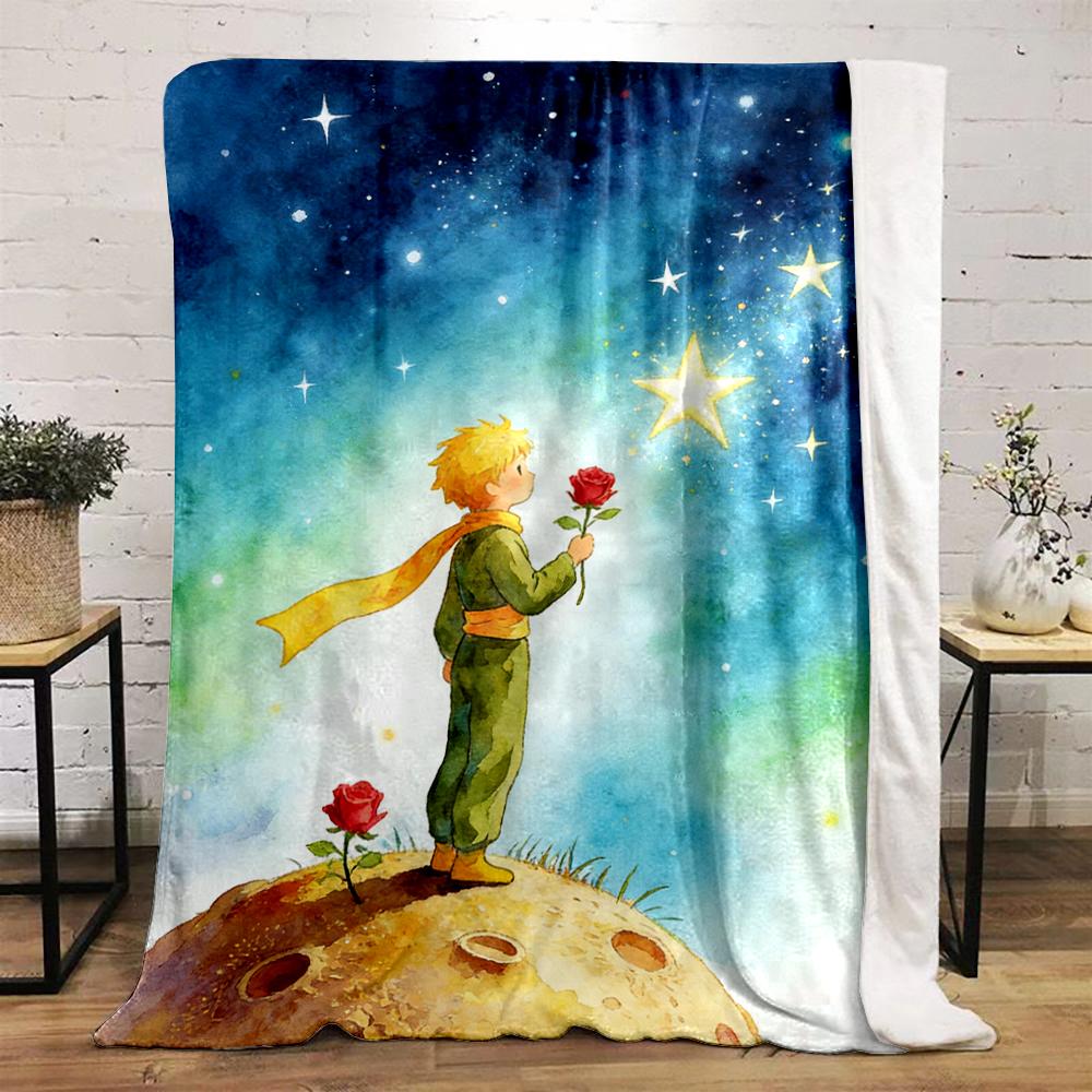 Little Prince Holding Rose on Starry Planet Flannel blanket for bedroom, living room, sofa, and nap sofas.