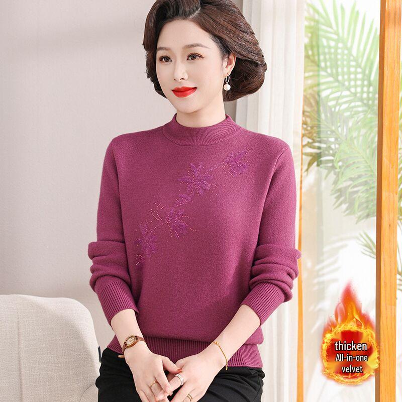 Mom's Velvet One-Piece Winter Base Layer Top for Middle-Aged & Elderly Women - Warm, Plus Velvet, Thick Knit