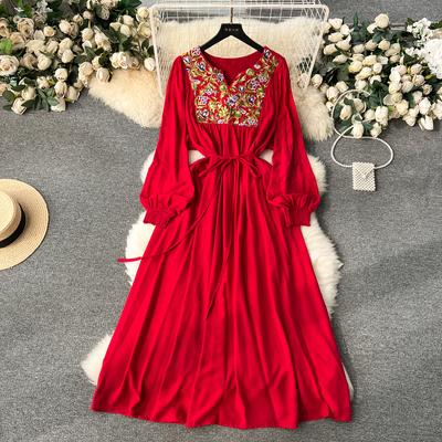 Blumenstickerei Lockeres Langes Kleid Damen Elegant V-Ausschnitt Langarm Damen Lässig Herbst Urlaub Schlanke Kleider