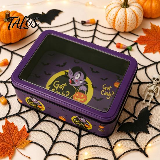 Desktop Decorative Storage Halloween Tin Box with Clear Lid, Witch Pumpkin Ghost Candy Snack Holders Container for Cookies Snacks, Festive Organizer