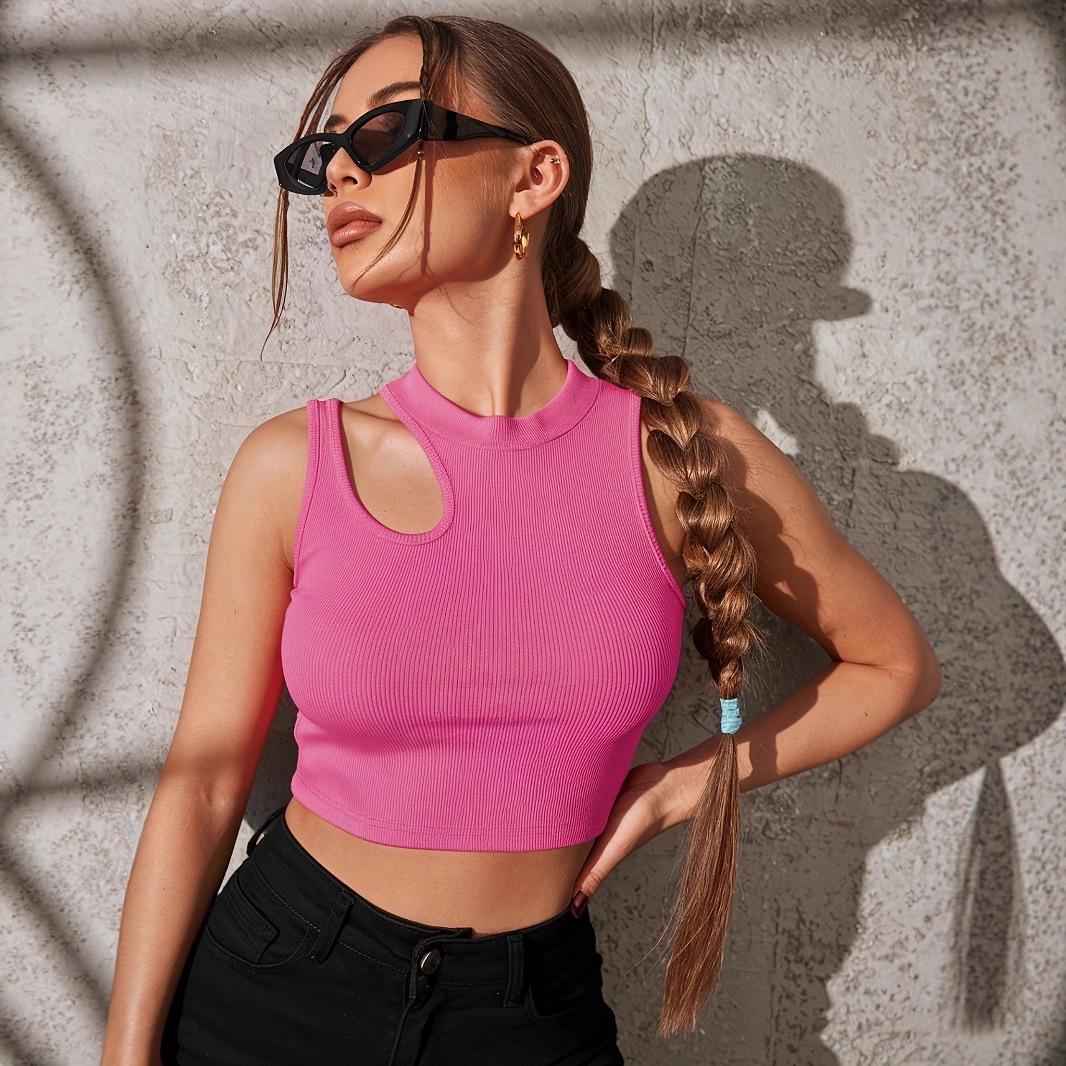 

2025 Summer Women s Ribbed Hollow Sleeveless Crop Top XL
