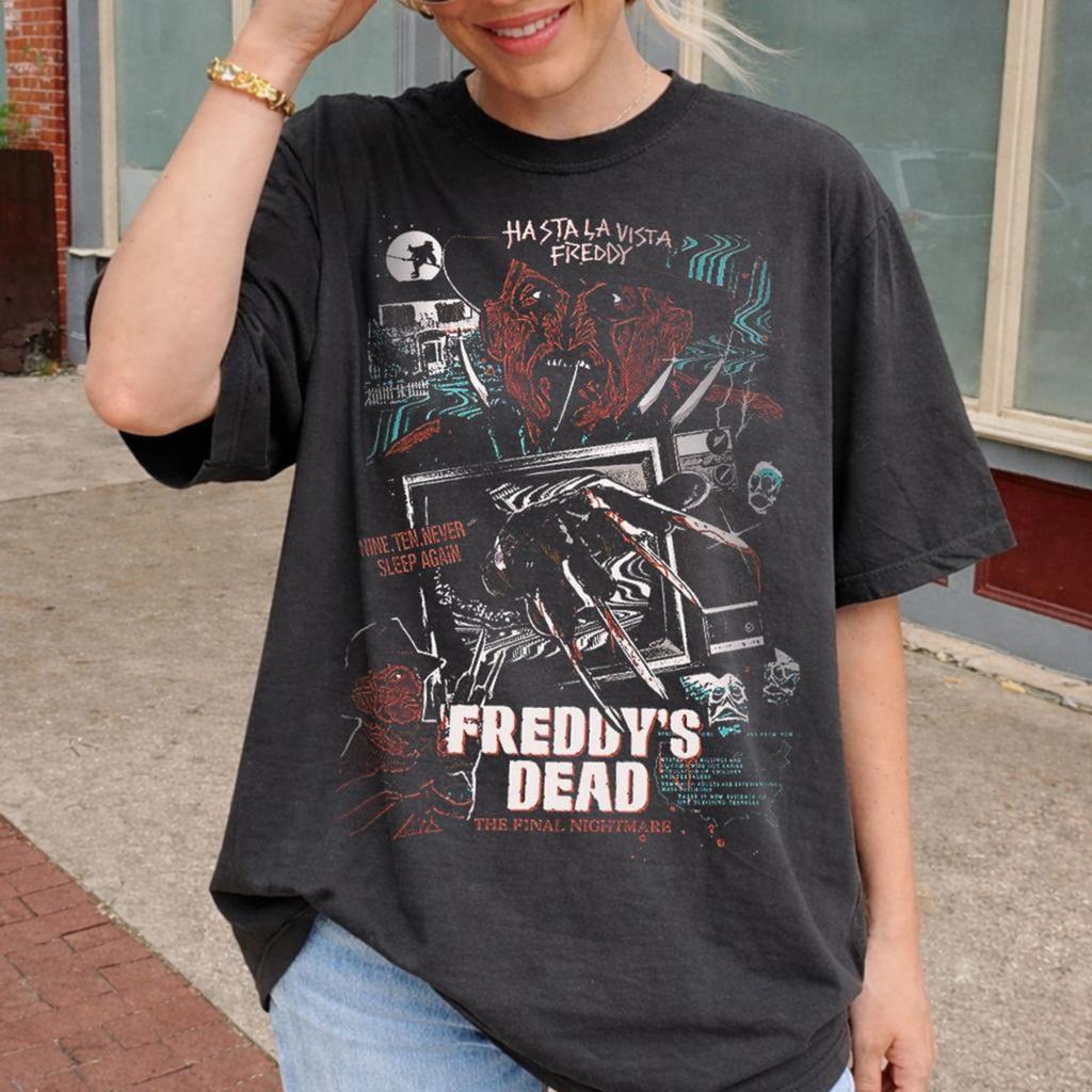 Freddy vs Jason Vintage Koszulka Horrorowa, Koszulka z Przenikaniem Filmów Slasherowych, Retro Koszulka z Grafiką Horrorową, Koszulka Freddy's Dead Jason Voorhees Lata 90.