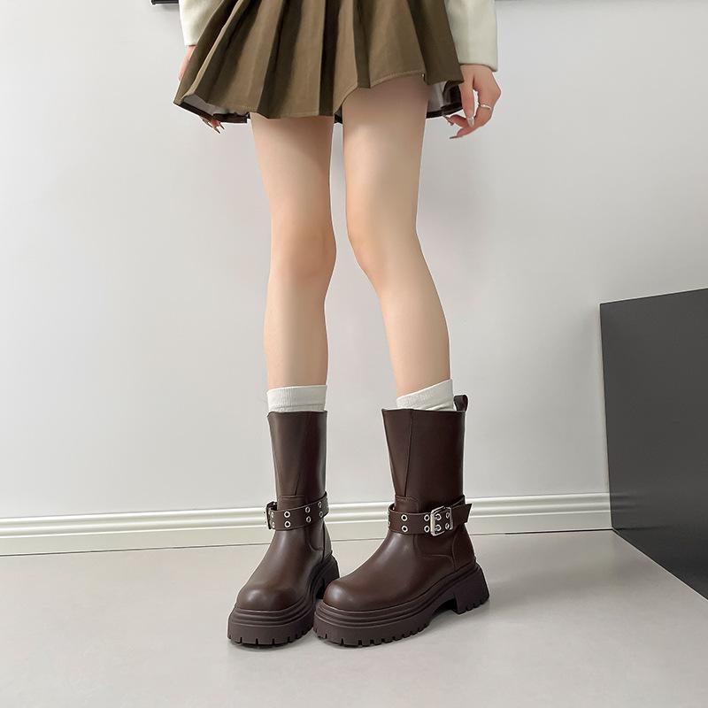 Autumn and Winter New Medium Boots 2025 New Thick-soled Thick Heel British Style Wide Tube Belt Buckle Martin Boots Short Boots Women