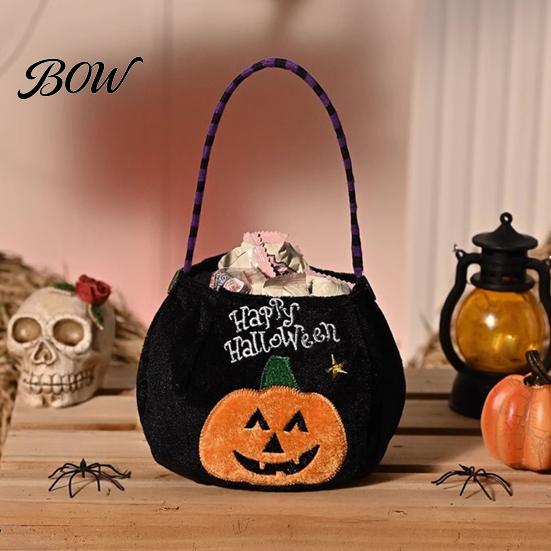 Festival Candy Pouches Halloween Trick or Treat Pumpkin Bucket, Reusable Velvet Bag, Durable Storage Bags Snack Tote Bag with Handle for Party Favors
