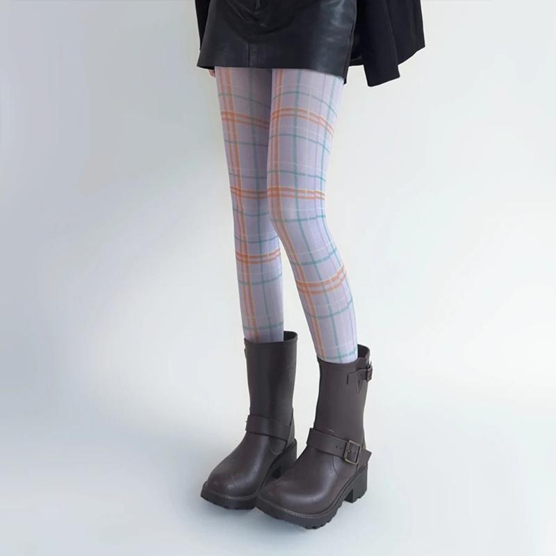 Women Sexy Tights Socks Translucent High Waist Pantyhose Plaids Print Silk Stockings Colourful Plaids Printing Stockings