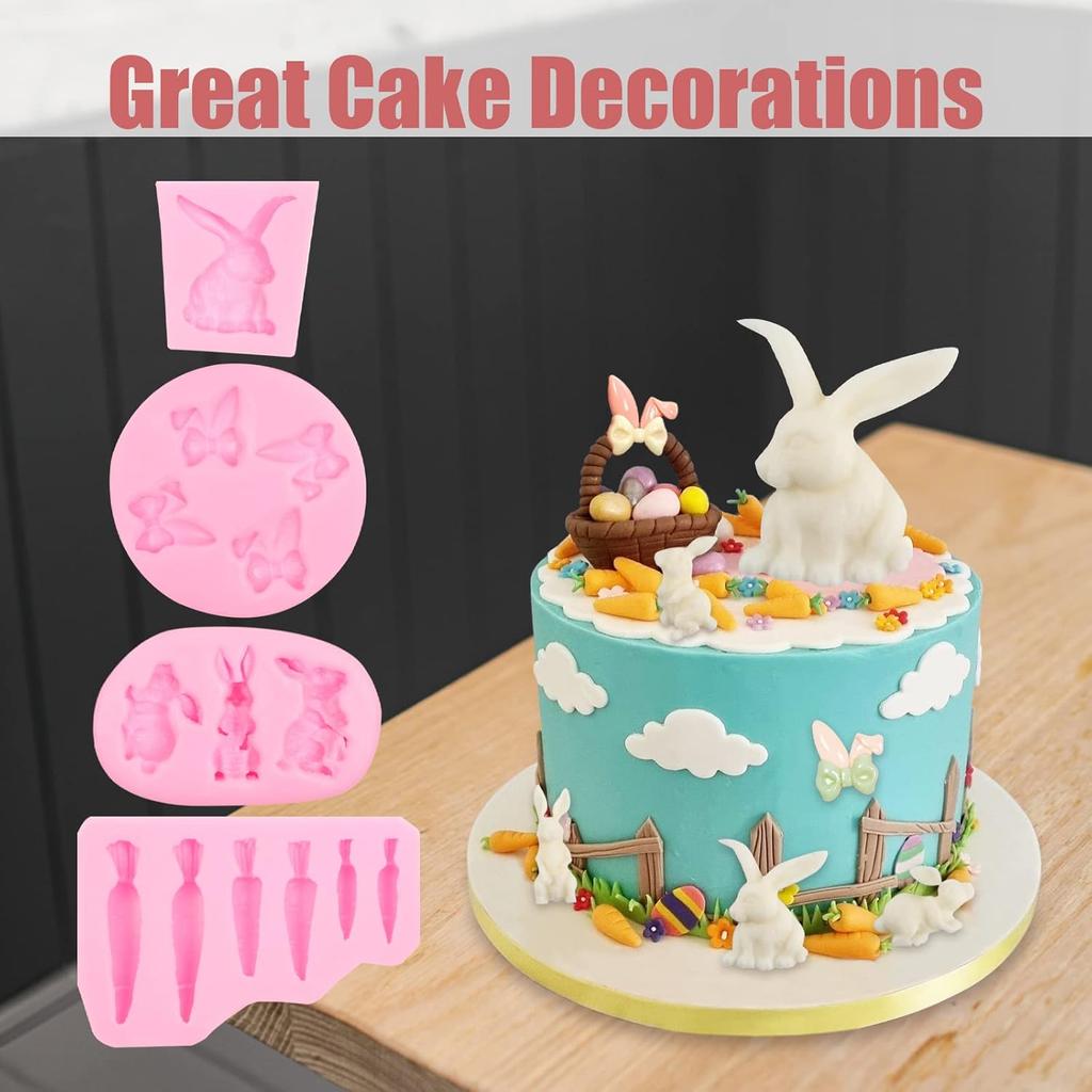 Rabbit Chocolate Silicone Molds 4 Pcs, Easter Bunny Ears Carrots Fondant Mold for Cake Decoration Candy Sugar Cupcake Topper Easter Party Polymer