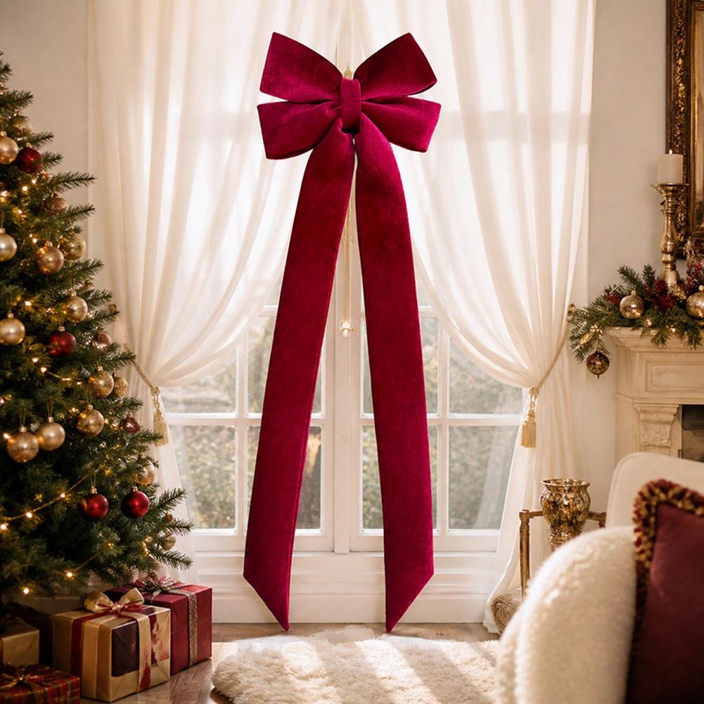 Polyester Red Christmas Bow with Elegant Draping and Extra Long Tails for Hotel Mall Window Decoration 105x38cm