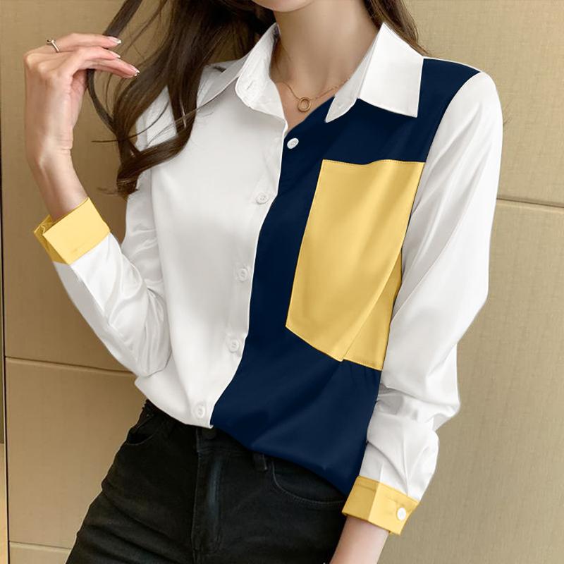 

ZANZEA Женская осенняя рубашка с воротником и карманом в цветных блоках, с длинным рукавом M жёлтый