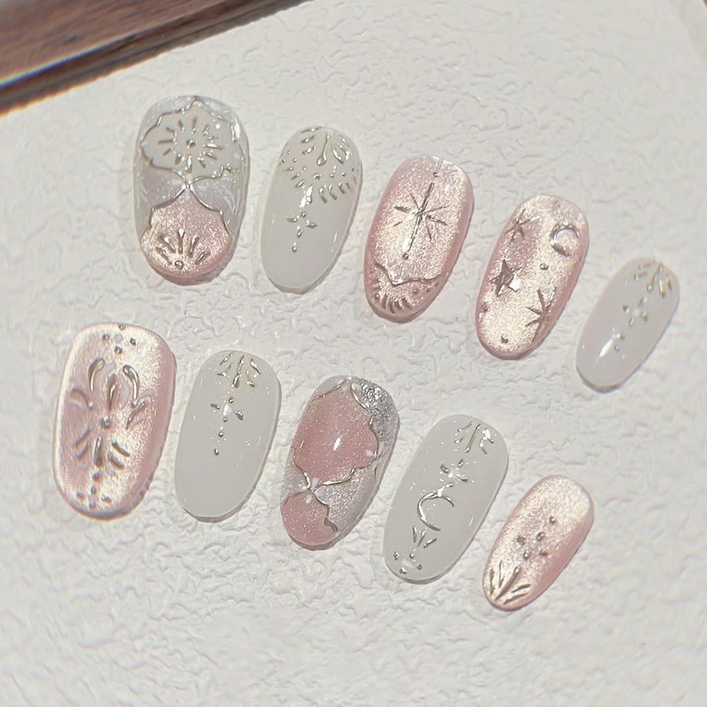 24Pcs Red Cat Eye Press On Nails Retro Gilded Rose Almond Short False Nails Set With Tools