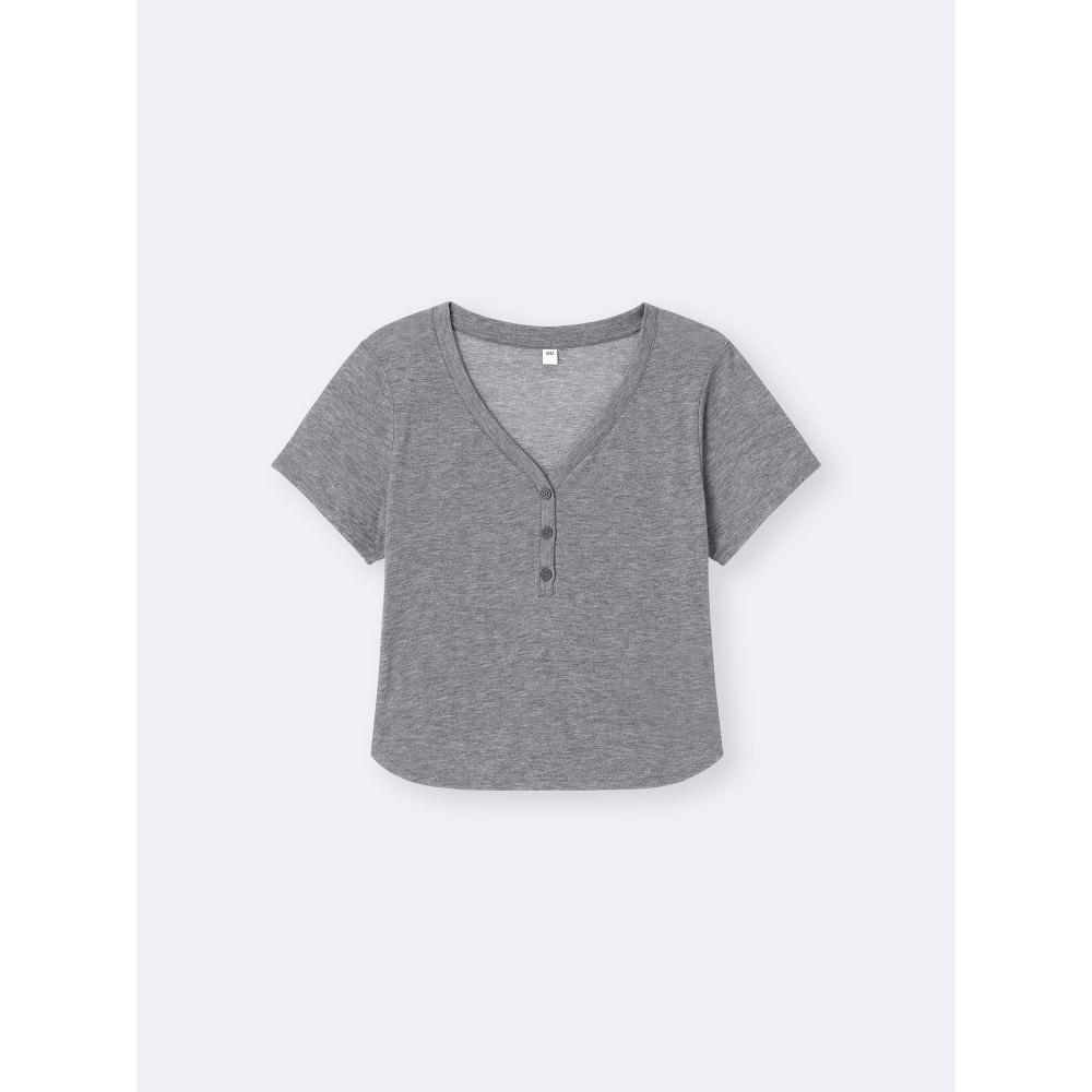 Gu By Uniqlo SofT Sheer Henley Neck T Os
