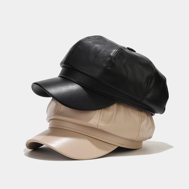 Retro Fashion Ladies' PU Leather Octagonal Hat Versatile Temperament Circumference Korean Streetwear Accessory crochet beret cap