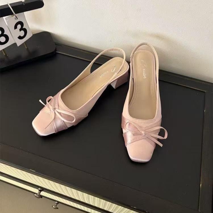 

Темпераментные женские туфли-лодочки с бантом и вырезом, сандалии с закрытым носком, весна 2025, новые, нежные и милые, пустые низкие сандалии 40 розовый