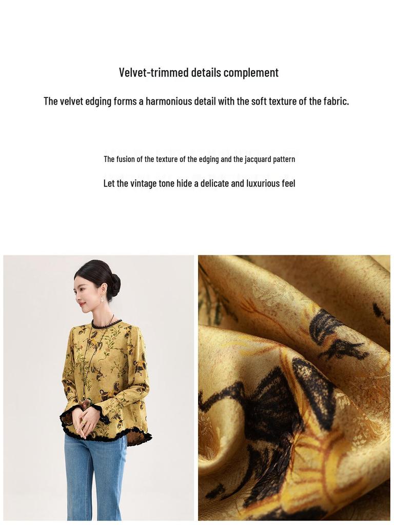 High-Quality Rayon Jacquard Patchwork Velvet Lace Women's Shirt - Early Spring, New Chinese Style