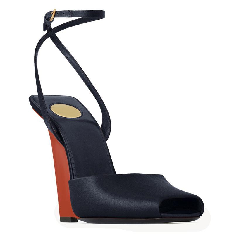 

Star new summer fish mouth square head strap patent leather wedge sandals fashion large size catwalk high heels shoes 43 yards customized non-return