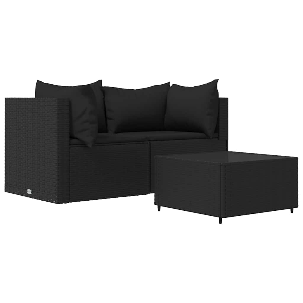 Vidaxl 3-Cz. Garden Lounge Set, Cushions, Black PE Rattan