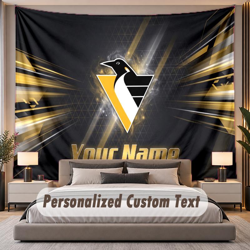 Custom Name Text Tapestry Pittsburgh Penguins Personalized Polyester Wall Tapestry For Bedroom And Room
