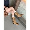 Cowhide Version Retro Medium Tube Stacking Boots Western Cowboy Boots Belt Buckle Thin Boots Pointed Thick Heel High Heel Short Boots Women