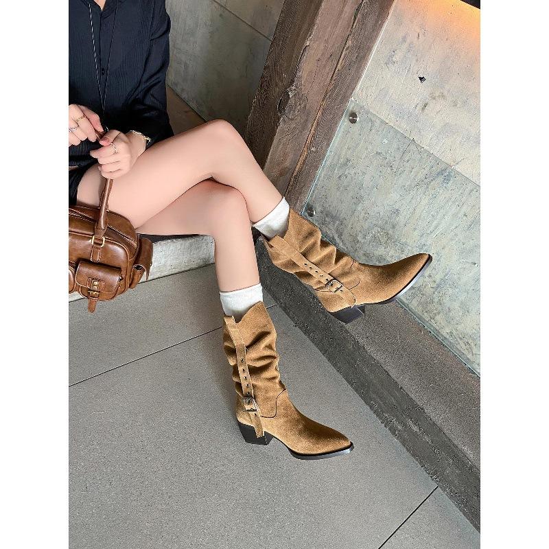 Cowhide version retro medium tube stacking boots western cowboy boots belt buckle thin boots pointed thick heel high heel short boots women