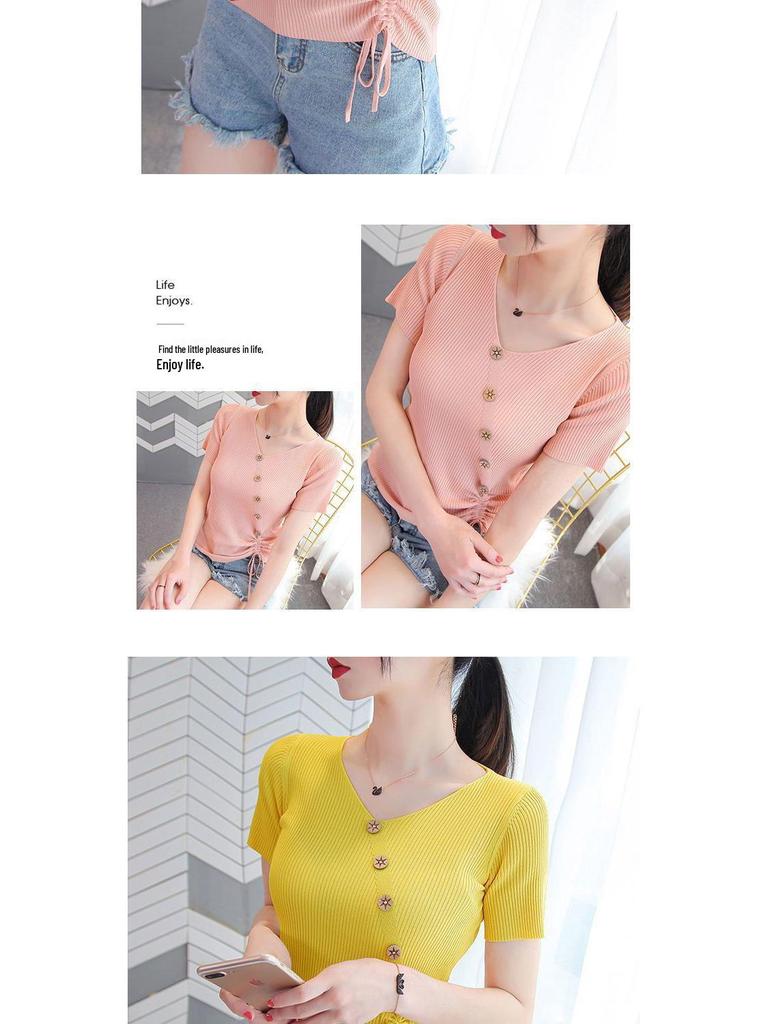 Ice Silk Tie-Up V-Neck Knit Pullover for Women