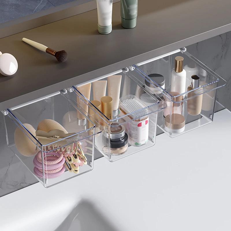 Mini Unterschreibtischschublade Schmuckkästchen Aufbewahrungsbox für Wattepads Kosmetik Make-up Organizer Transparente Kunststoffschublade unter dem Tisch