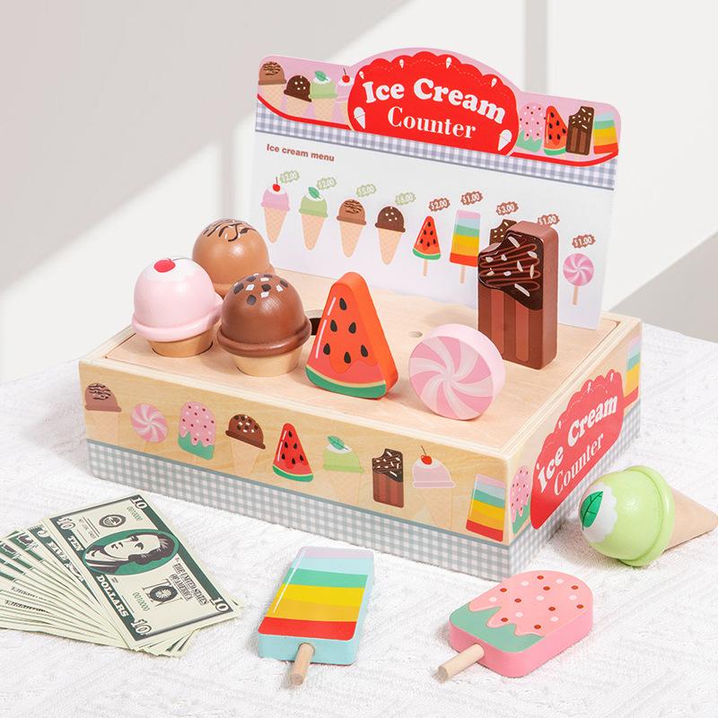 Wooden Ice Cream Pretend Play Set Children Simulation Cone Food Play Game Montessori Educational Learning Toys for Girl Boy Gift