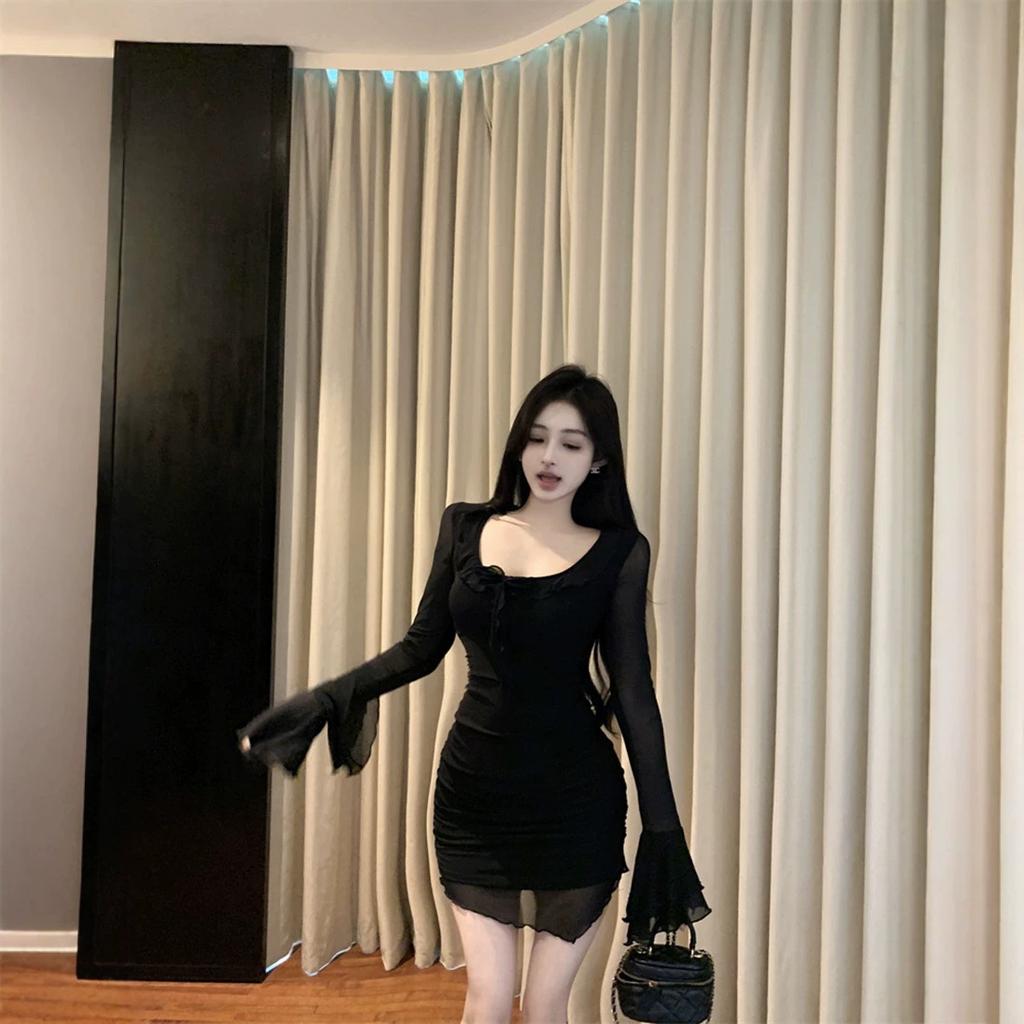 Black Spice Girl Mesh Slim Fit Tight Trumpet Long Sleeve Dress Women's Autumn Pure Desire Lace-up Irregular Hip Wrap Skirt