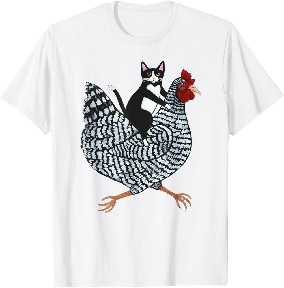 

Funny Cat Riding Chicken Tuxedo Cat on a Chicken Lover Gift Unisex T-Shirt 4XL