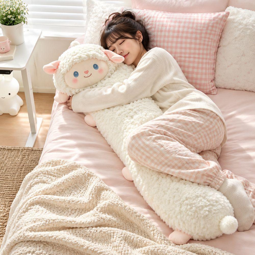 Cylindrical Shape Long Sleeping Pillow White Sheep Stuffed Animal Doll  Sheep Body Pillow
