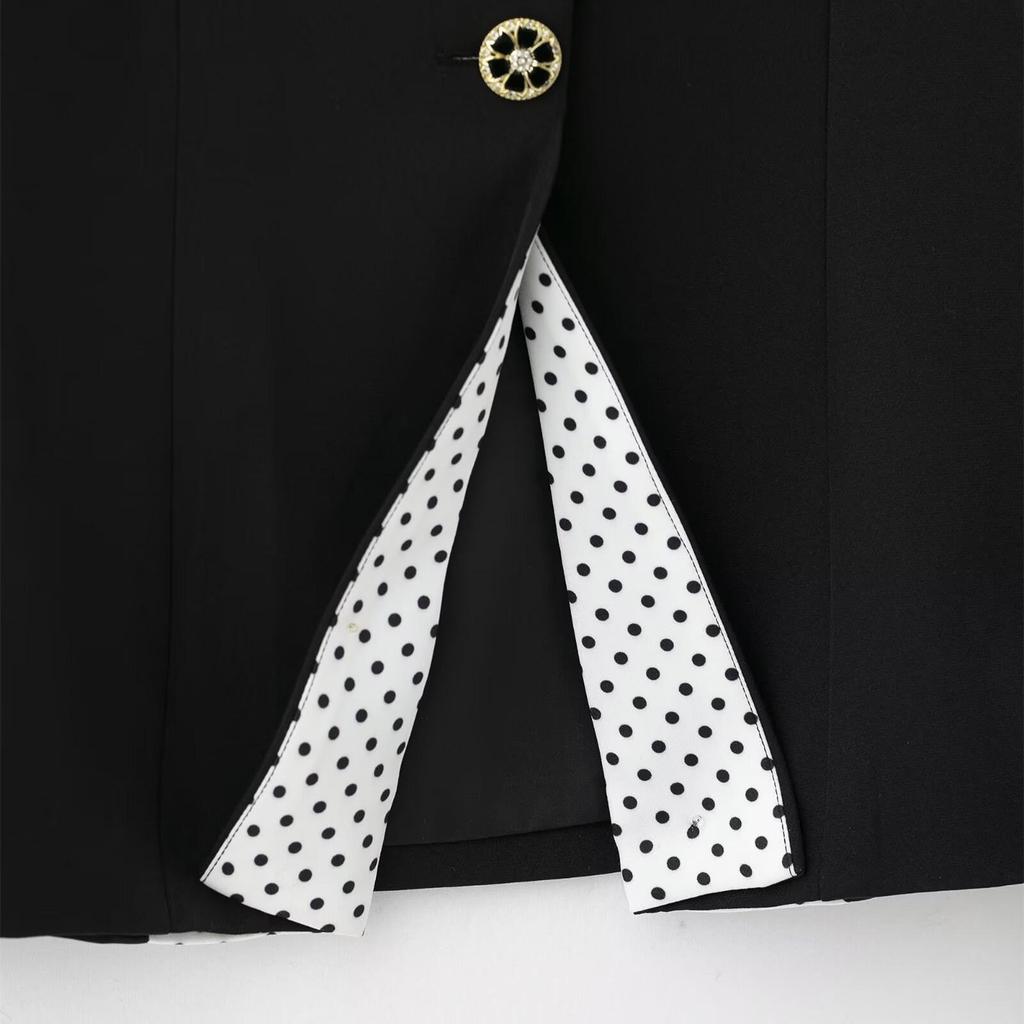 2025 Women's Slim Fit Round Neck Short Coat & Polka Dot Patchwork Skirt Set