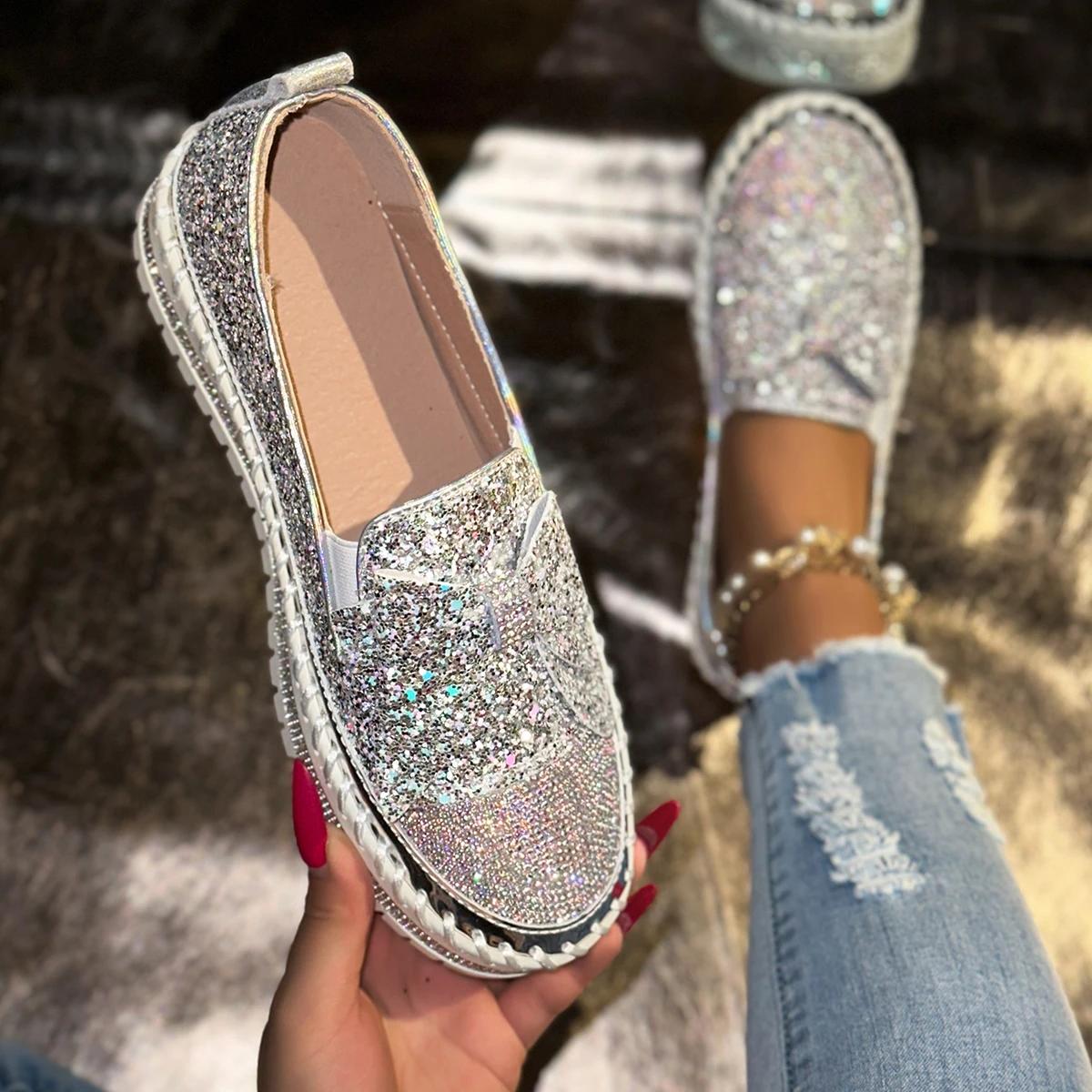 

Дизайнерская женская обувь Роскошные хрустальные повседневные туфли Кроссовки на толстой подошве Модные лоферы с бриллиантами Женская обувь на платформе 35