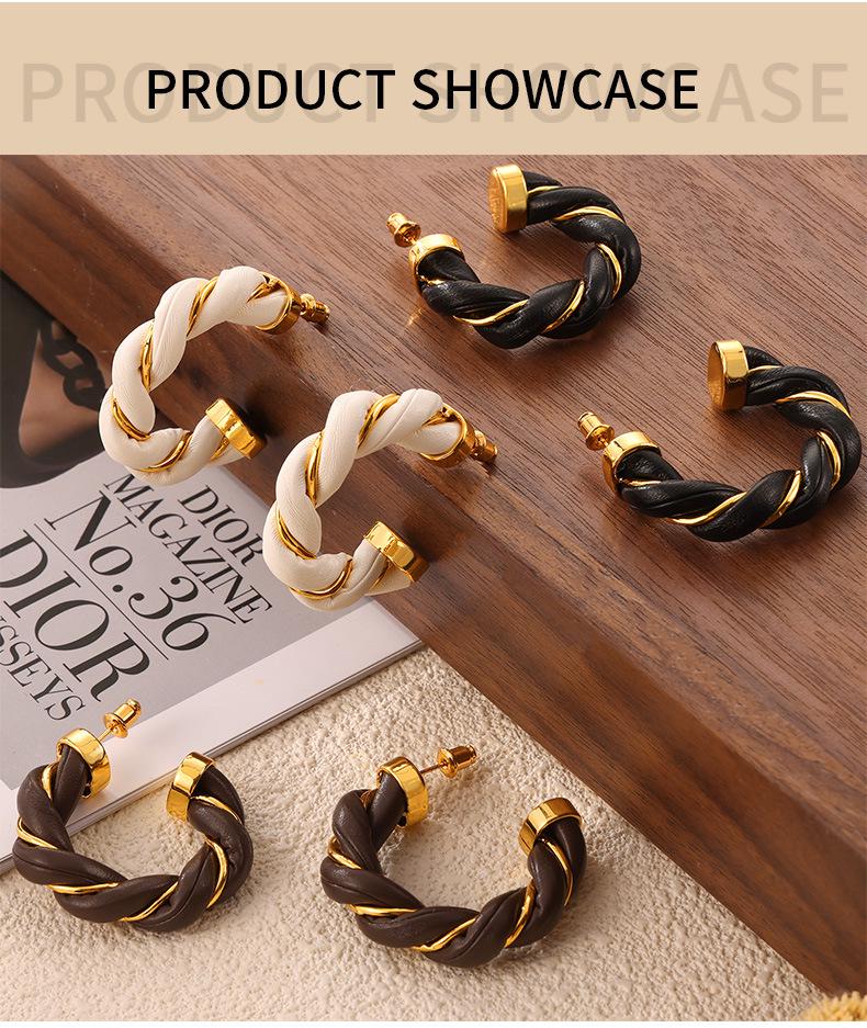 Retro Cable Knit Leather Earrings: French Chic C-Shaped Gold-Plated Copper Hoops